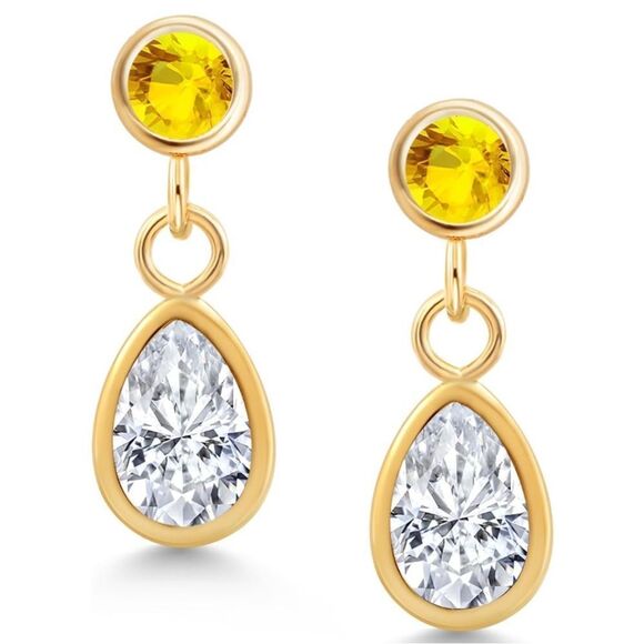14K Yellow Gold with 1.07Cttw White Moissanite and Yellow Sapphire Post Earrings
